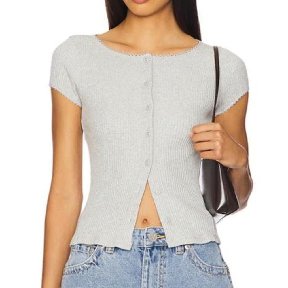 Free People Most wanted Cardi Heather a Grey Ribbed Button Front Top Large